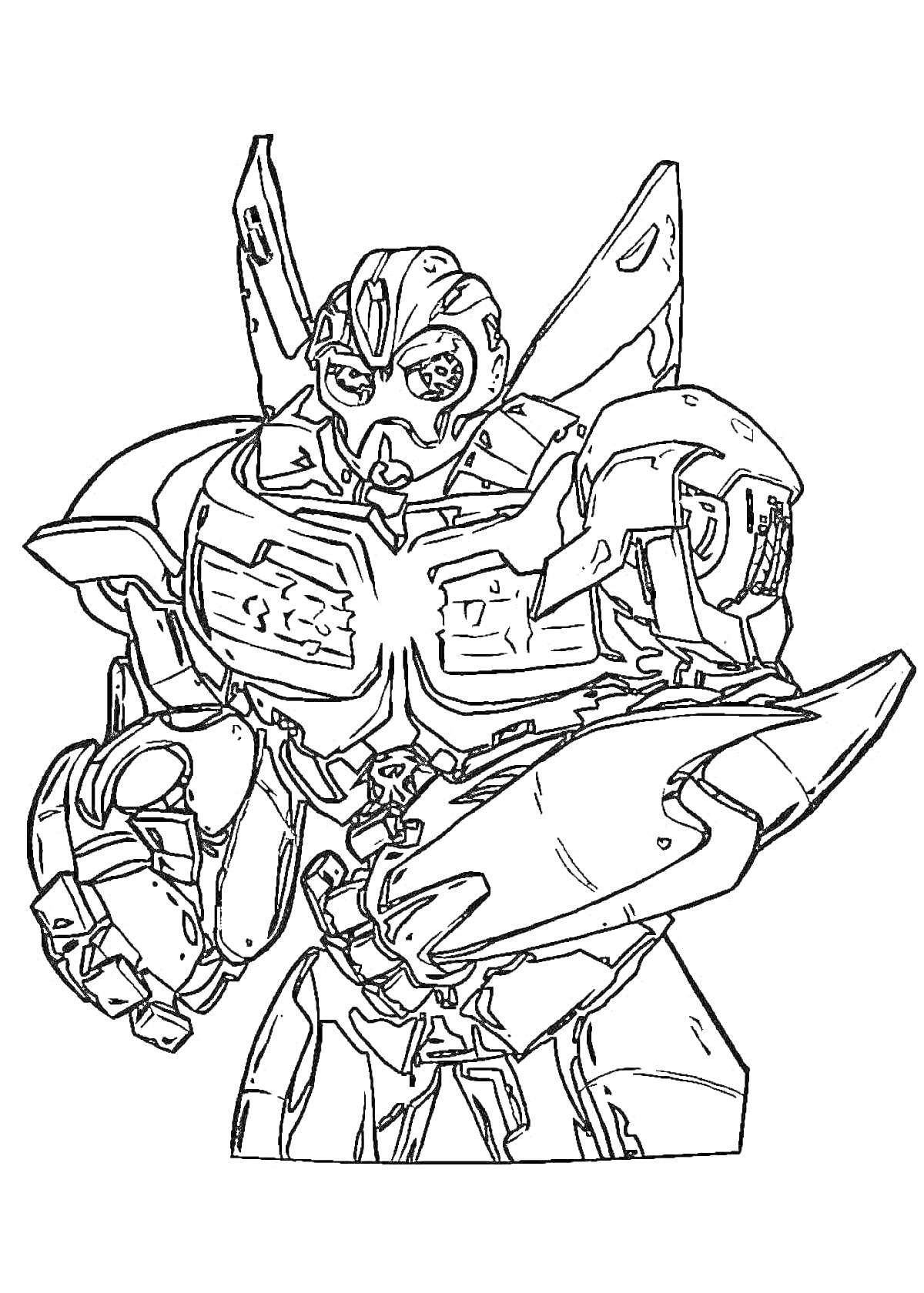Раскраска Раскраска с изображением Бамблби, персонажа-трансформера, в боевой стойке с поднятым кулаком и раскрашенными деталями на груди и плечах.