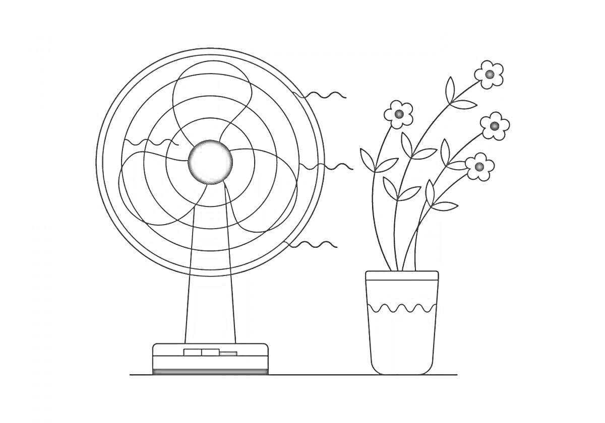На раскраске изображено: Вентилятор, Комнатные растения, Цветок в горшке