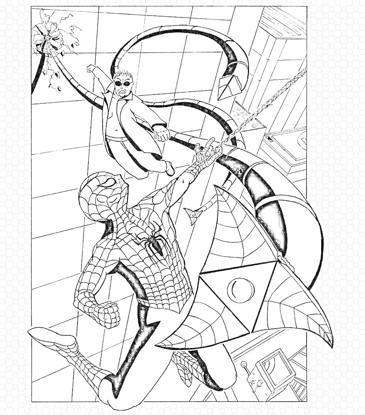 На раскраске изображено: Человек-паук, Доктор осьминог, Битва, Здания, Окна, Паутина, Механические щупальца, Преступник