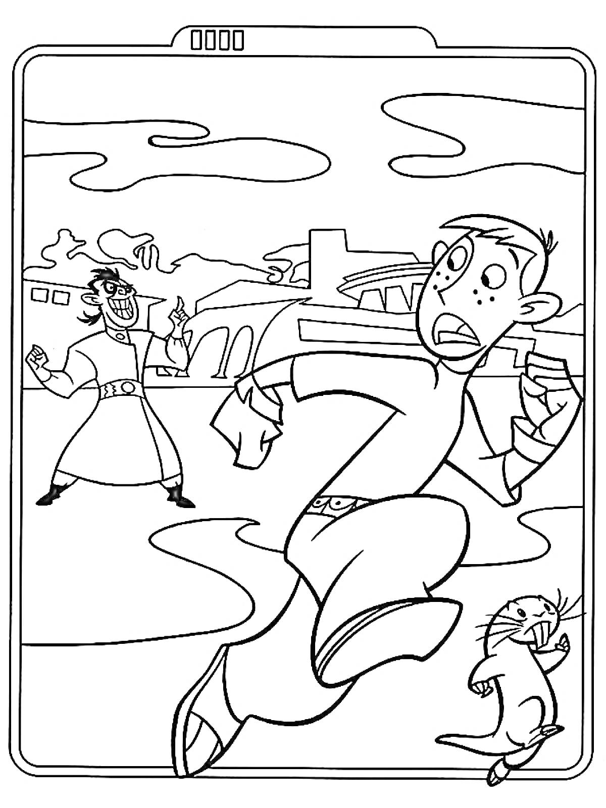 Раскраска Рон Стоппэбл убегает с Руфусом от Доктора Драккена, здание на заднем плане.