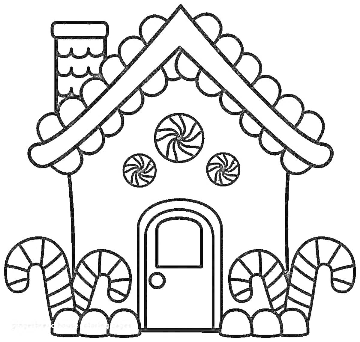 На раскраске изображено: Домик, Леденцы, Труба, Дверь, Тростники, Конфеты, Печенье
