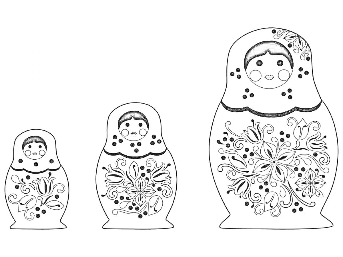 На раскраске изображено: Семеновская матрешка, Матрёшка, Традиционная кукла, Русский сувенир, Цветочный узор, Народное искусство