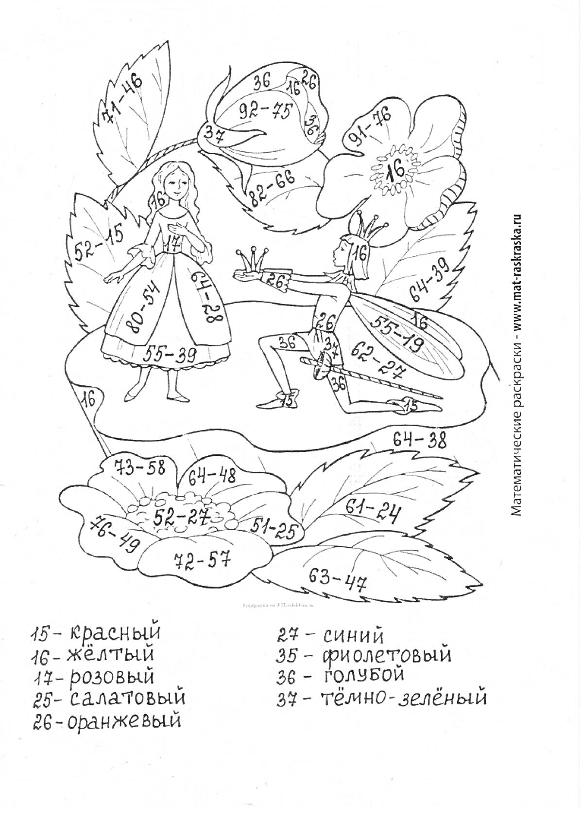 На раскраске изображено: Математика, Примеры, 2 класс, Девочка, Мальчик, Цветы, Листья, Сложение, Вычитание, Обучение