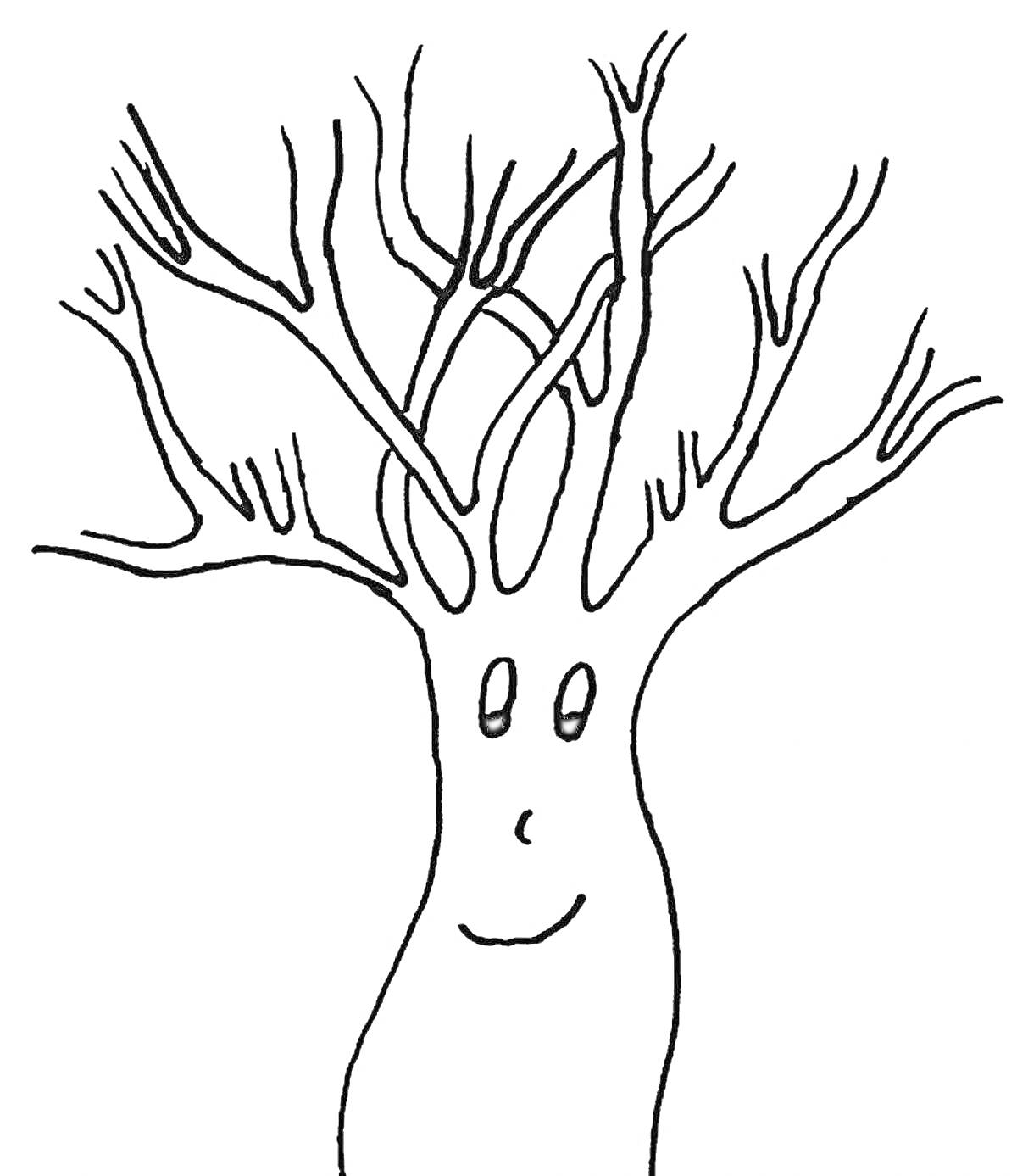 Раскраска Дерево без листьев с лицом (глаза и рот)
