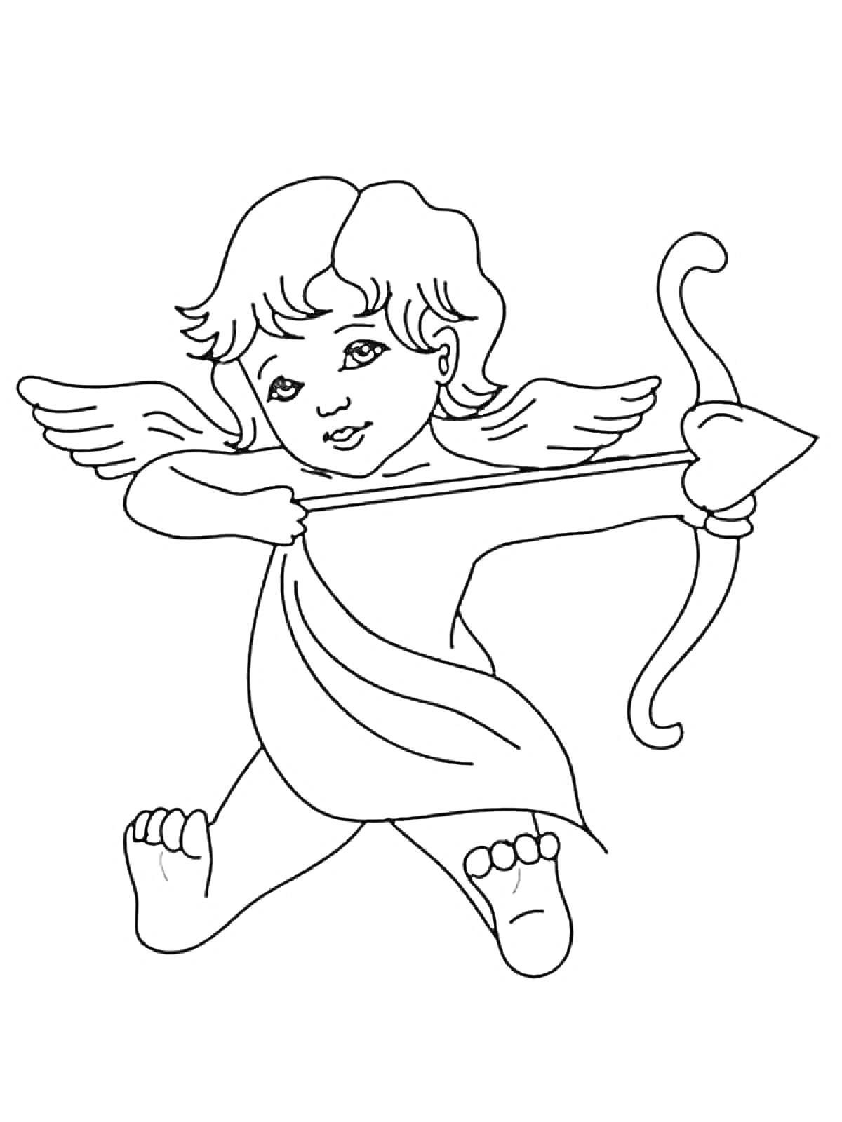 Раскраска Маленький ангел с крыльями, держащий лук со стрелой в форме сердца