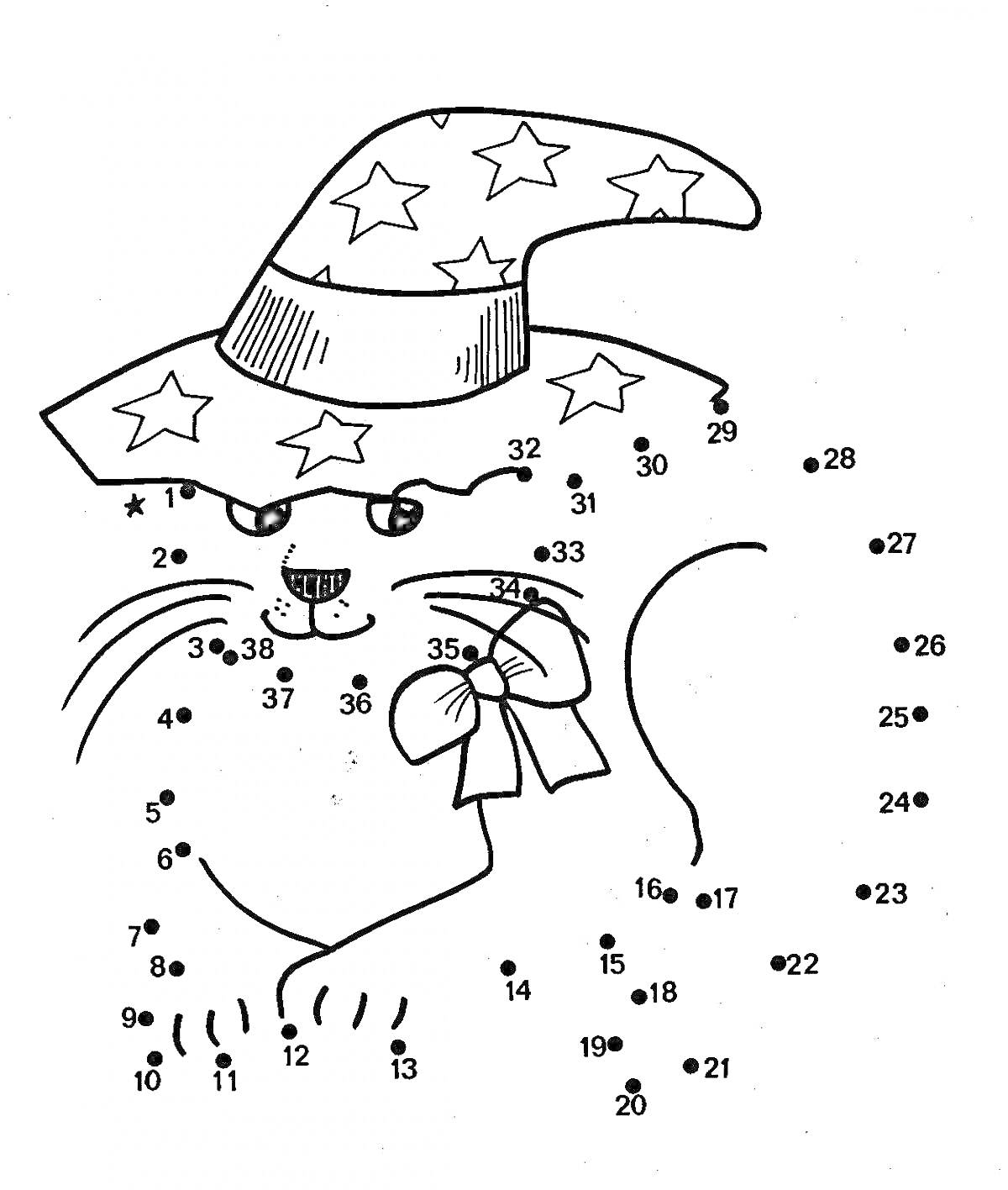 На раскраске изображено: Кот, Звезды, Бант, Соедини точки