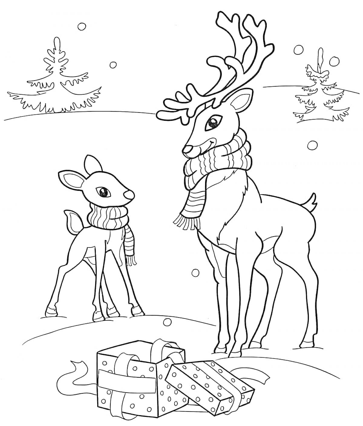 Раскраска Новогодний олень с подарками, снегом и елками