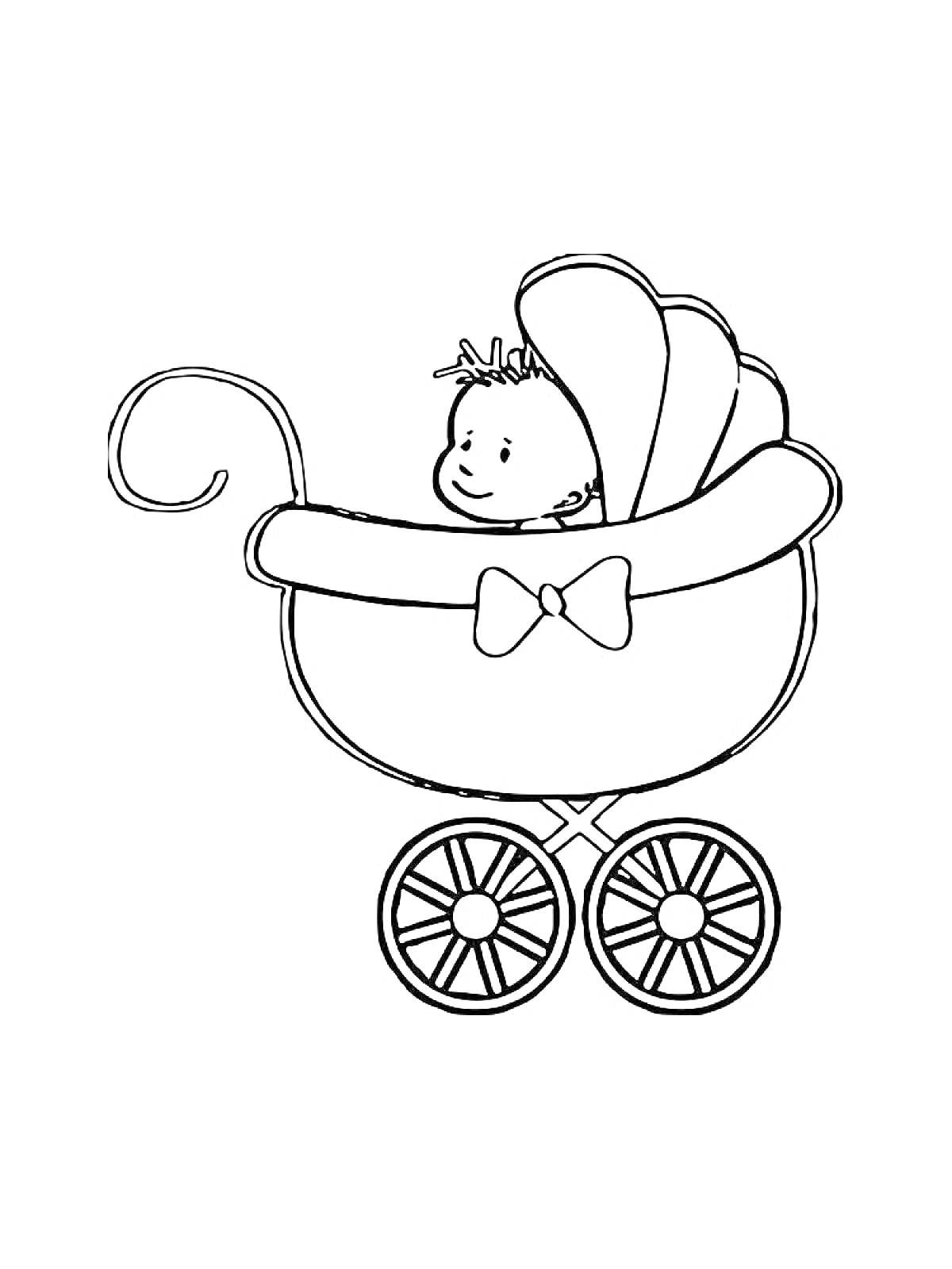 На раскраске изображено: Коляска, Ребёнок, Бантик, Колеса