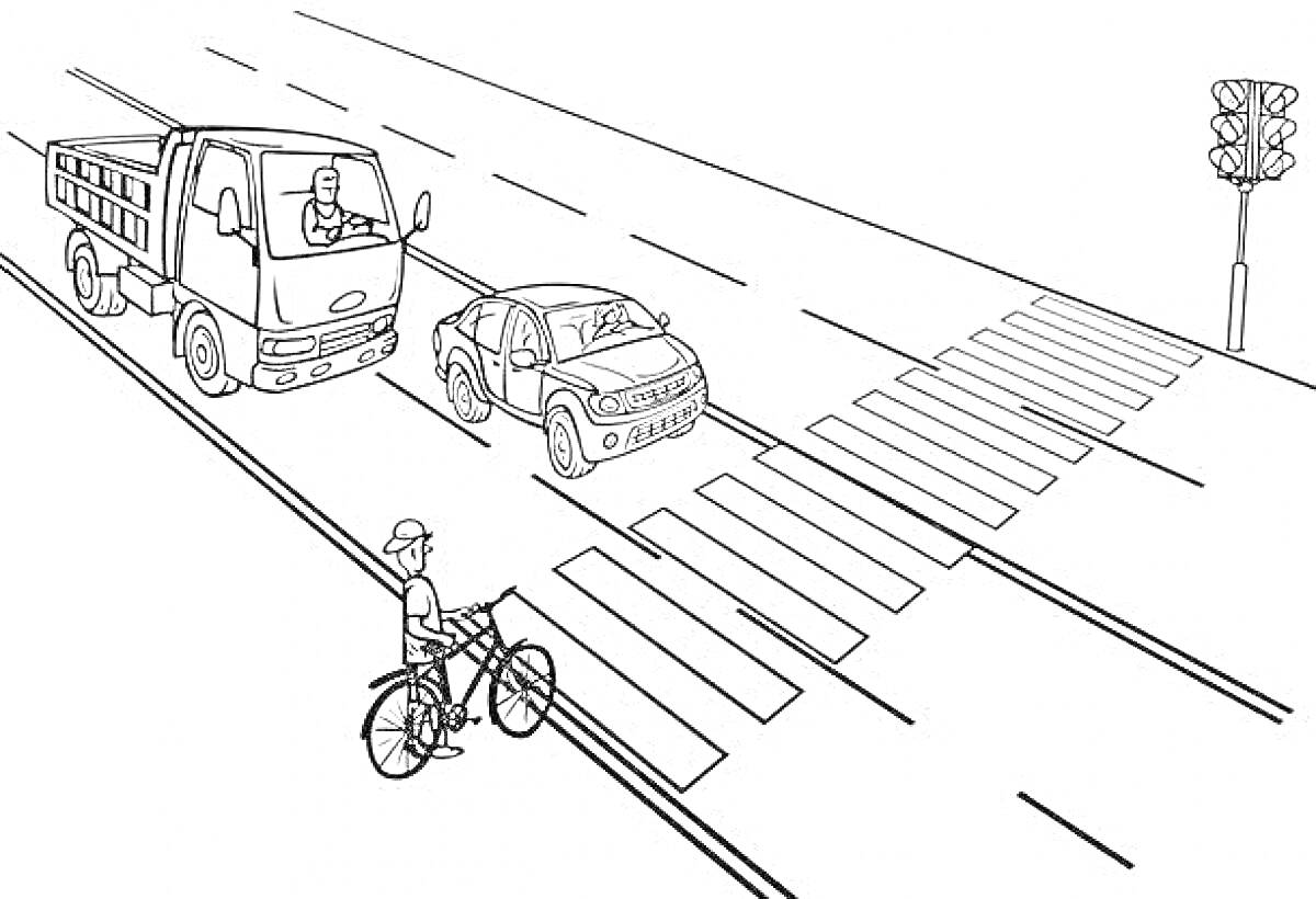 Раскраска Пешеходный переход с пешеходом с велосипедом, грузовиком, легковым автомобилем и светофором