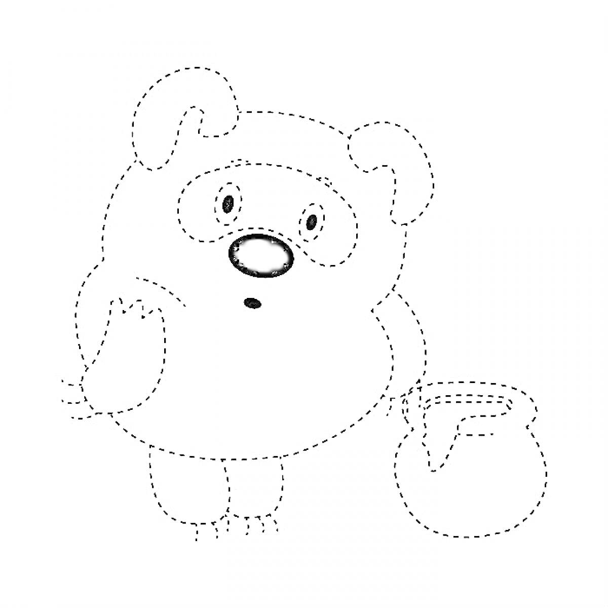 На раскраске изображено: По точкам, Для детей, Дошкольники, Горшки, Контурные рисунки, Медведь
