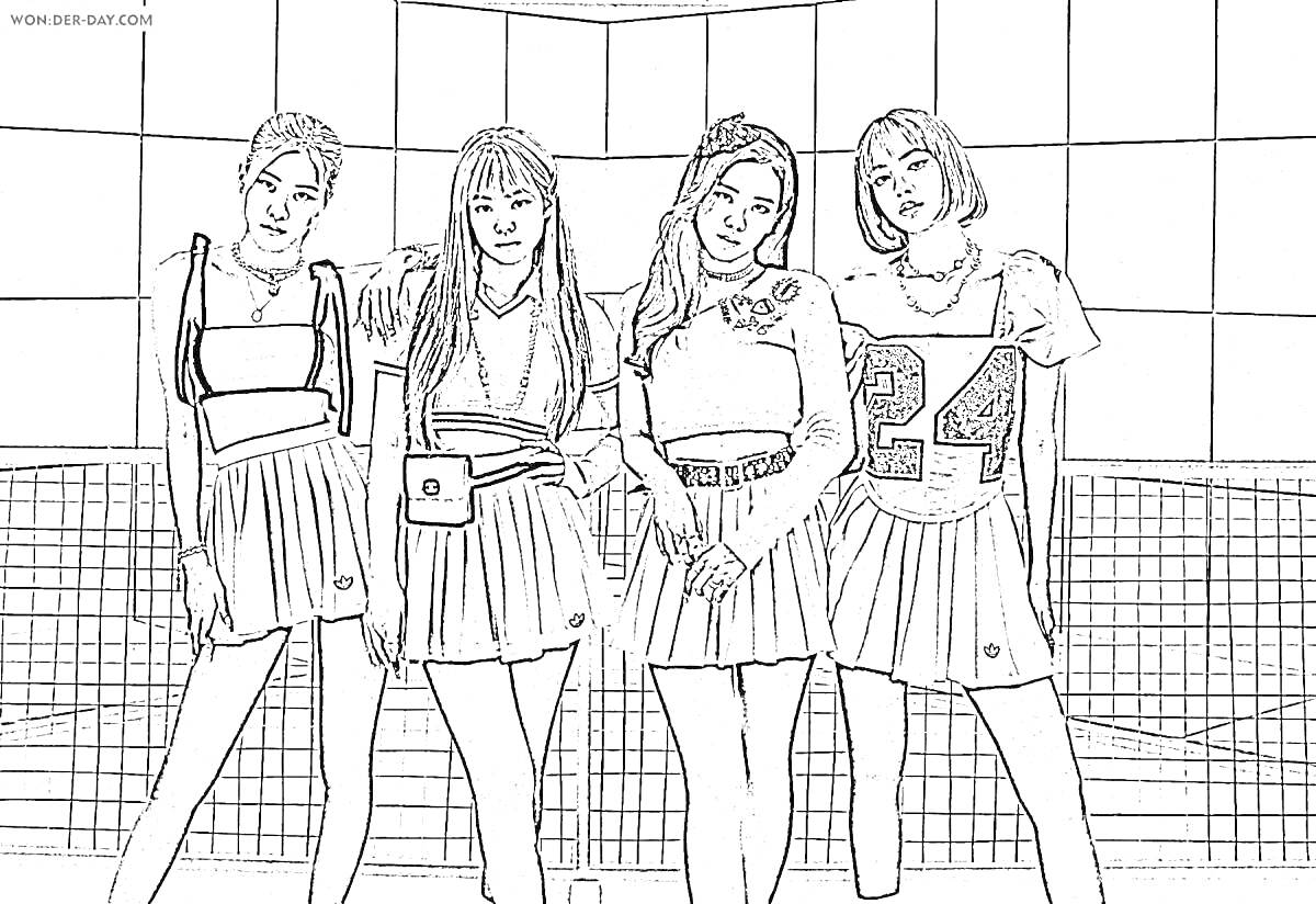 Раскраска Четыре девушки в школьной форме на фоне клетки