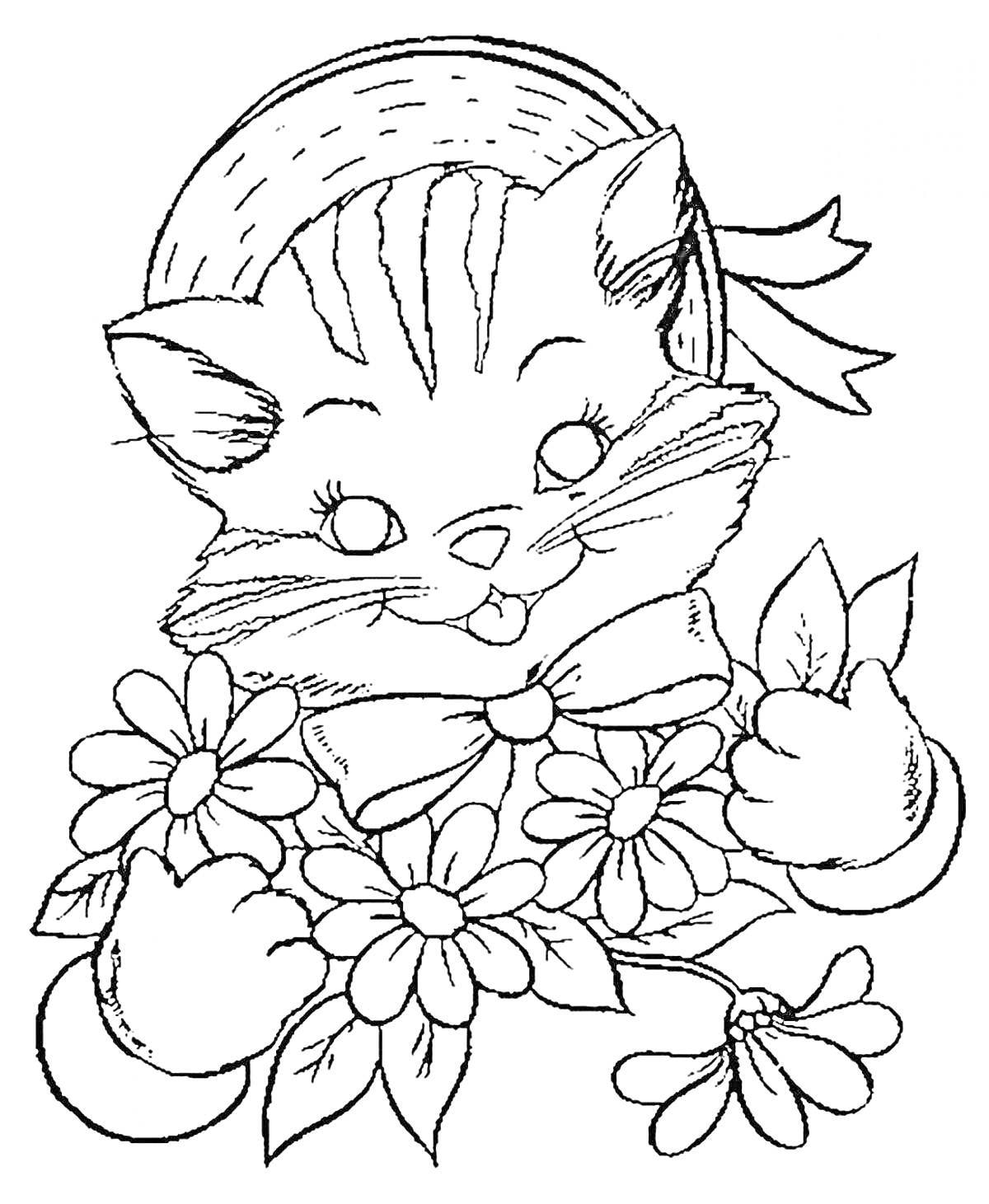 Раскраска Котик в шляпе с бантом, держащий цветы
