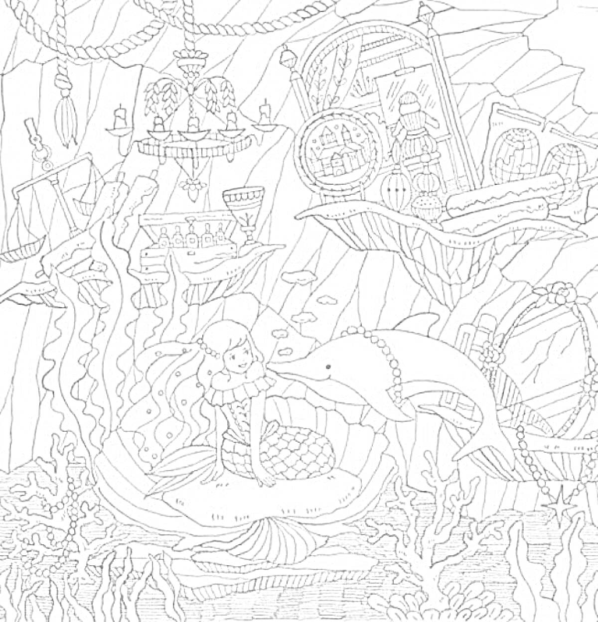 На раскраске изображено: Русалка, Подводный мир, Затонувший корабль, Раковина, Кораллы, Декорации, Морская жизнь