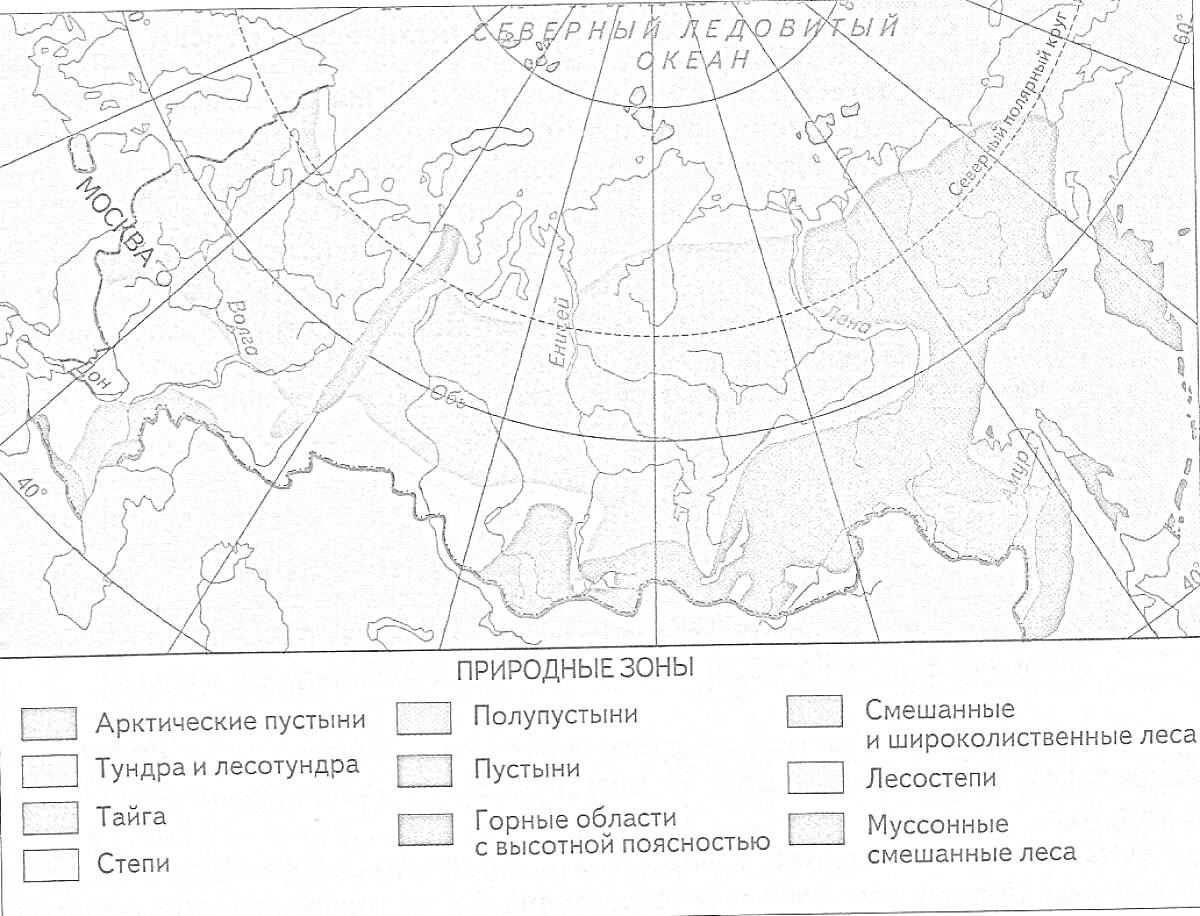 Природные зоны России (арктические пустыни, тундра и лесотундра, тайга, степи, полупустыни, пустыни, горные области с высотной поясностью, смешанные и широколиственные леса, лесостепи, муссонные смешанные леса)