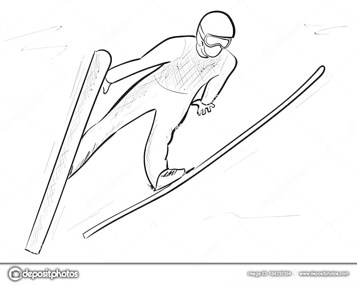 На раскраске изображено: Лыжи, Лыжный спорт, Прыжки с трамплина, Спортсмен, Зимние виды спорта, Защитные очки, Снег
