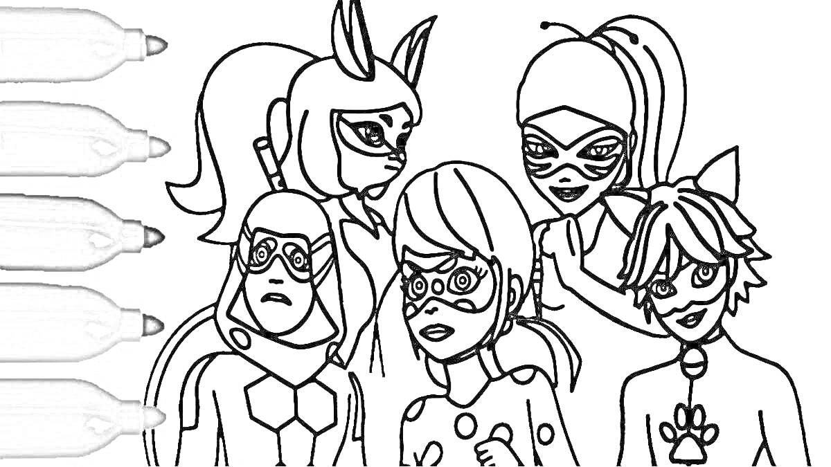 На раскраске изображено: Леди Баг, Супер Кот, Супергерои, Miraculous Ladybug