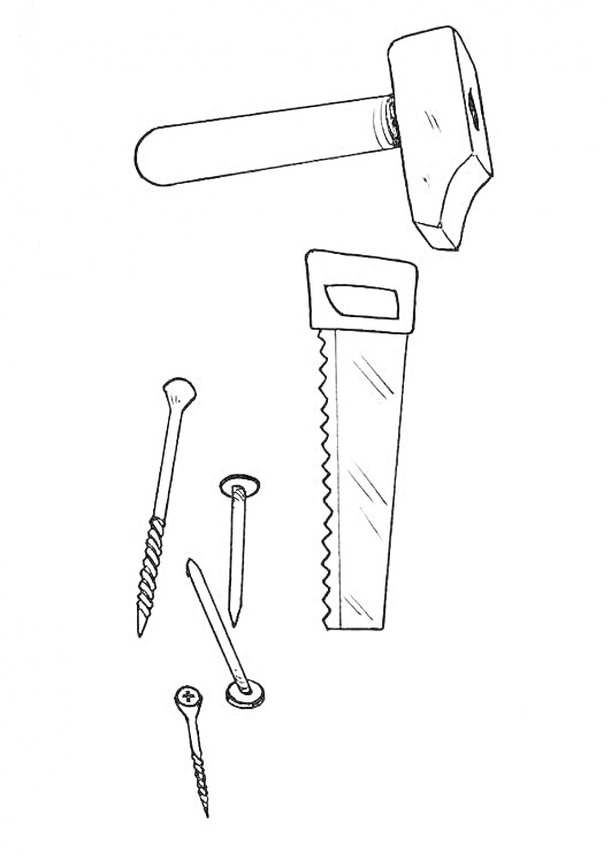 Раскраска Молоток, пила, болты и гвозди