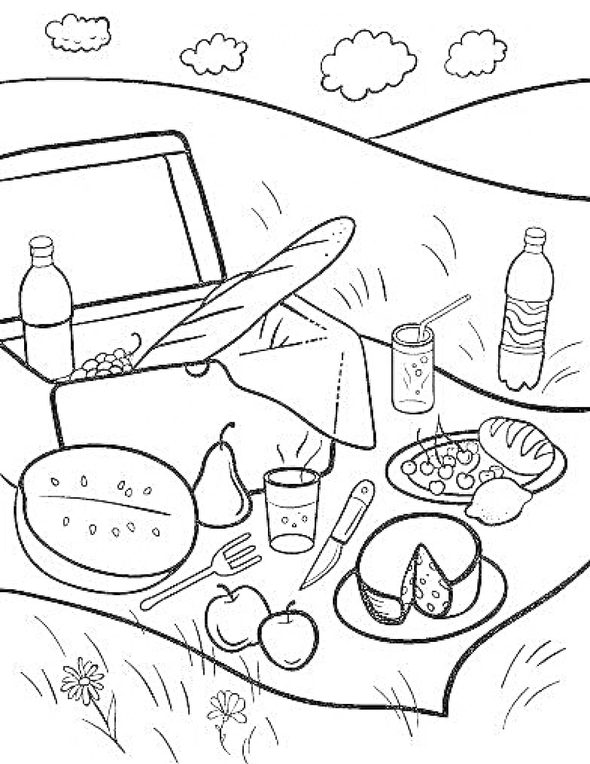 РаскраскаПикник с корзиной для пикника, бутылками, багетом, виноградом, арбузом, грушей, стаканом, ножом, яблоками, тарелкой с сыром и хлебом, салатом и лимоном.