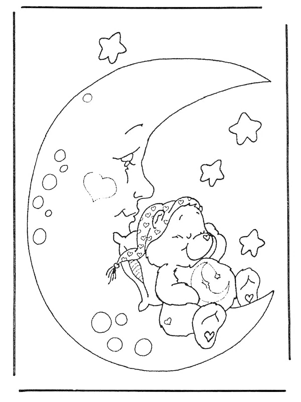 На раскраске изображено: Луна, Ночь, Звезды, Подушка, Небо, Сон, Отдых