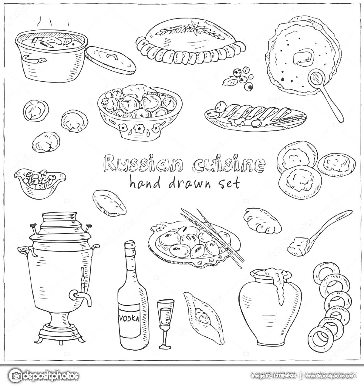 Раскраска Russian cuisine, hand drawn set (котелок с ухой, бублики, пирог, черный икряной бутерброд, борщ, баранки, маленькие куличи, рыбное блюдо, пельмени, самовар, водка и стопка, блины, чайник, сметана, огурцы, лук)