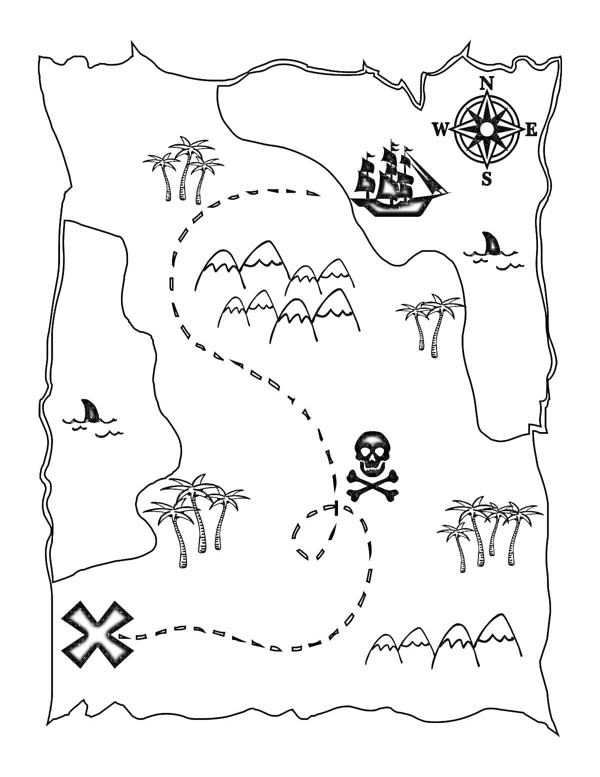 Раскраска Карта сокровищ для детей с кораблем, компасом, пальмами, холмами, черепом с костями и отметкой 