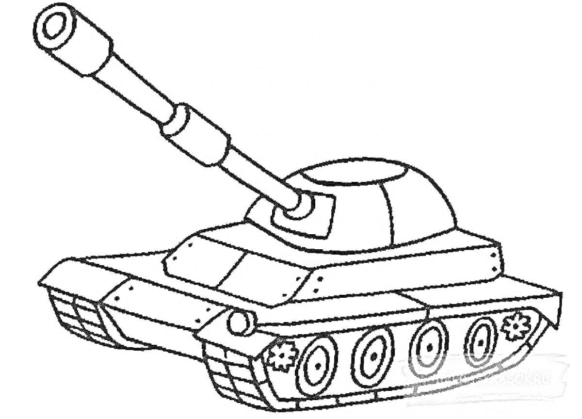 Раскраска Танковая раскраска для детей с пушкой, гусеницами и колёсами