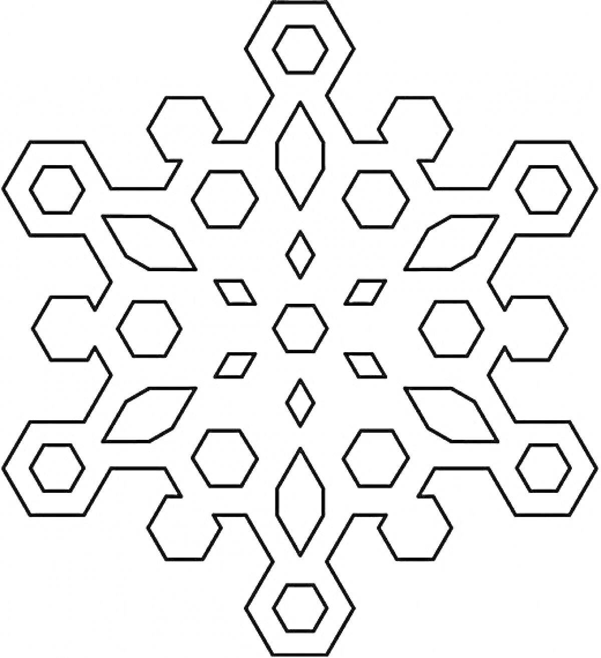 Раскраска Раскраска снежинка, состоящая из шестиугольников, ромбов и восьмиугольников