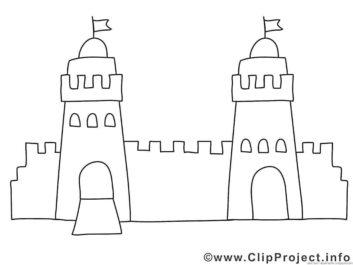На раскраске изображено: Замок, Флаг, Ворота, Крепость