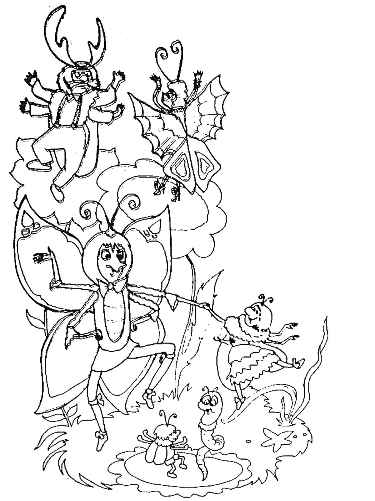 На раскраске изображено: Муха, Гости, Бабочка, Природа, Пруд, Дружба, Насекомое, Жуки, Праздники
