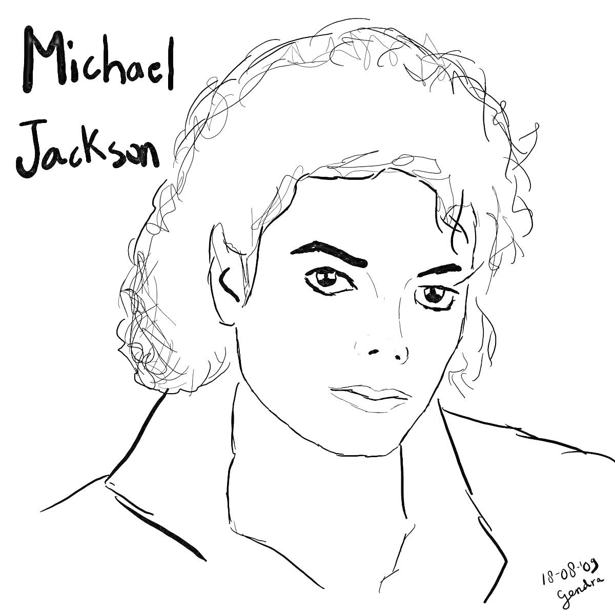 Раскраска Портрет Майкла Джексона с автографом, текстом и прической