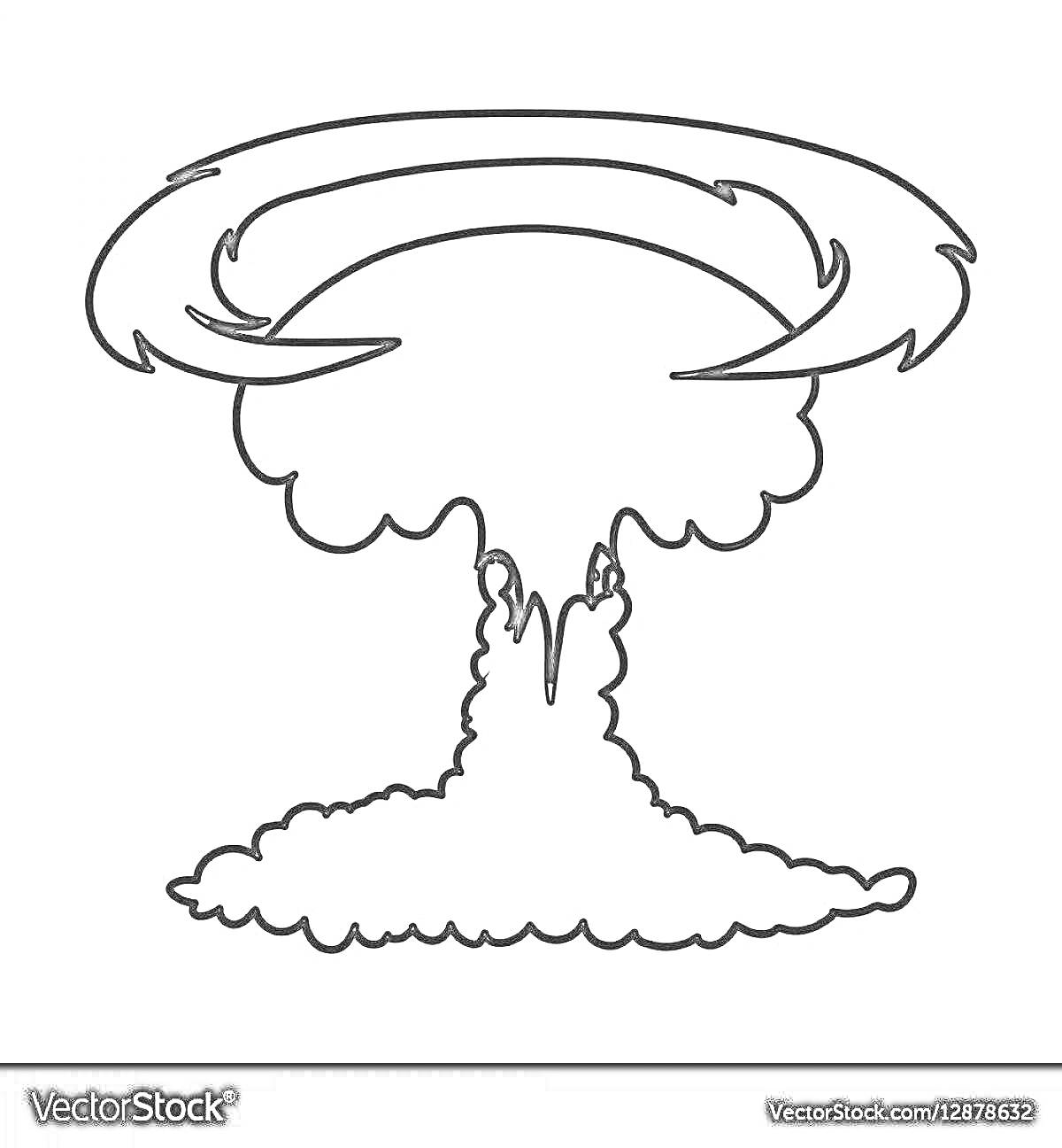 Раскраска Грибовидное облако от ядерного взрыва, состоящее из двух частей — основной нижней и верхней закрученной облачной структуры