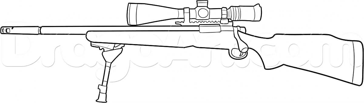 Раскраска Снайперская винтовка с оптическим прицелом и сошками