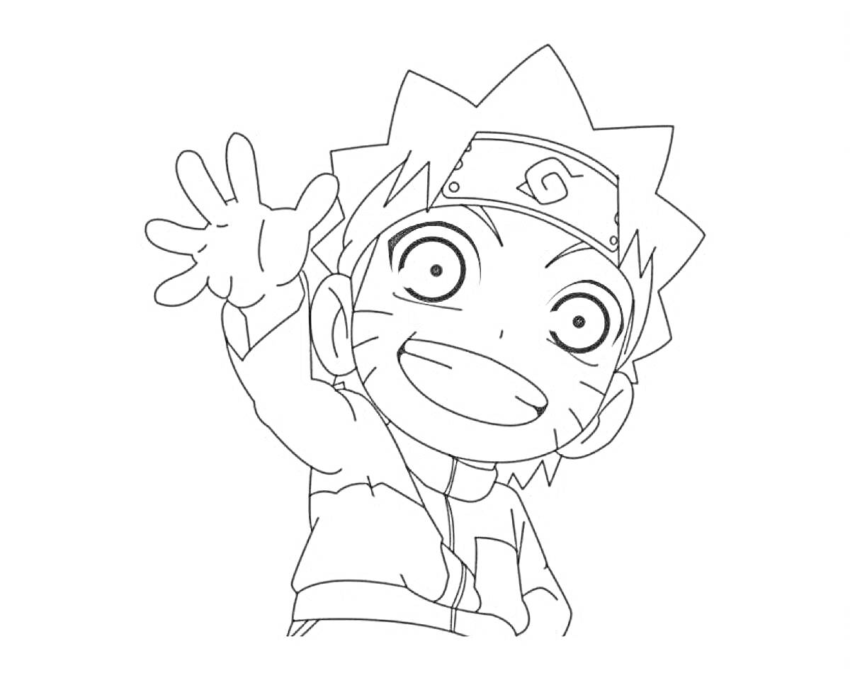 Раскраска Чиби персонаж в повязке, поднимающий руку и улыбающийся