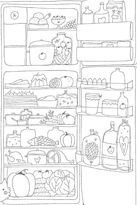 Раскраска Холодильник с продуктами - фрукты, овощи, банки с соленьями, молоко, напитки, яйца, колбаса, торты, арбузы, коробки с едой