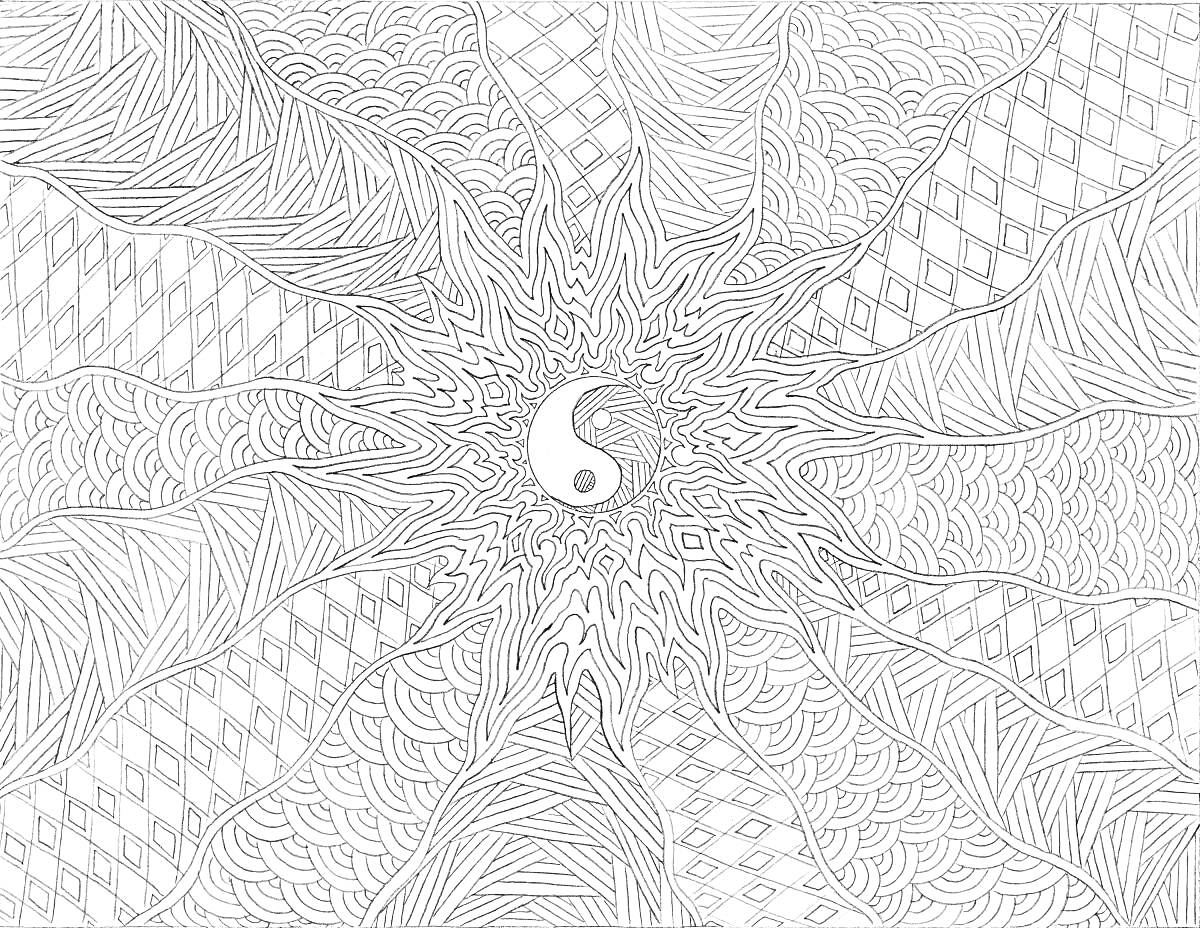 Раскраска Инь-Ян в центре абстрактного узора с линиями и геометрическими фигурами