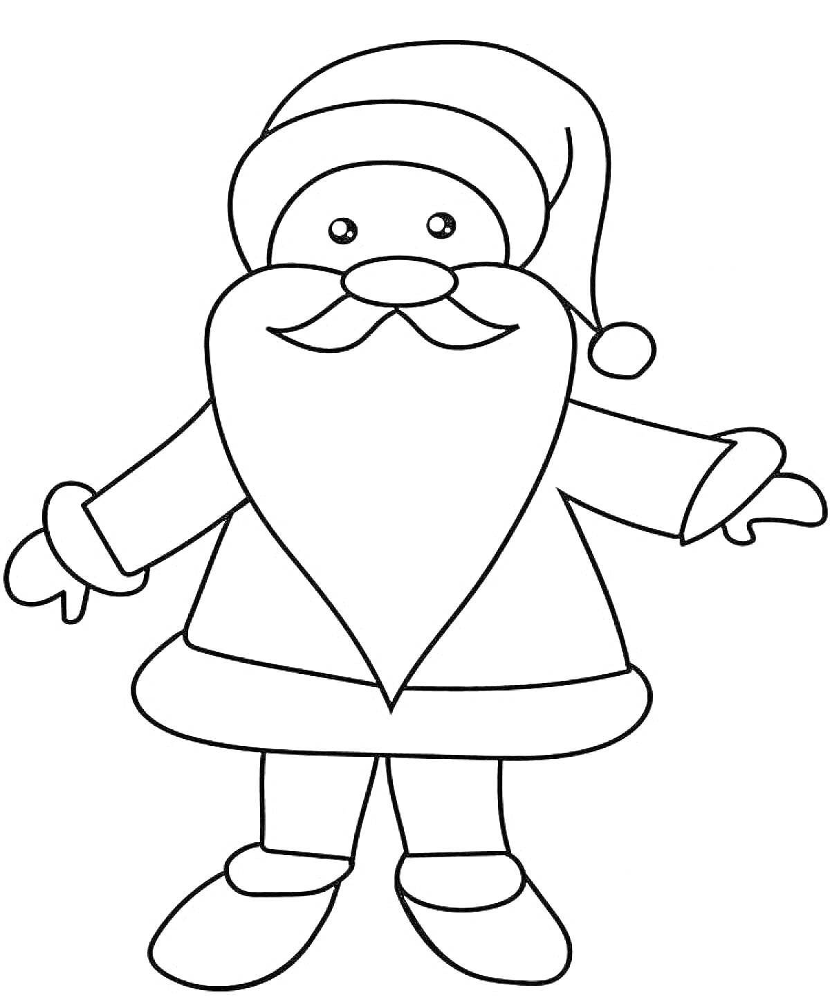 На раскраске изображено: Дед Мороз, Борода, Шапка, Пальто, Сапоги, Для детей, 3 года, 4 года, Новый год, Зима, Новогодние персонажи