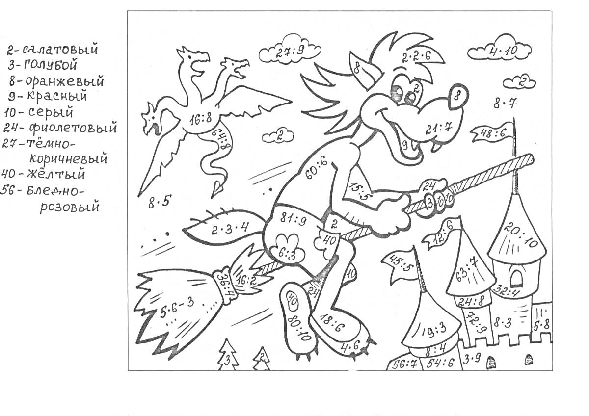 Волк на метле с замком и драконом на фоне, примеры для раскраски 3 класс