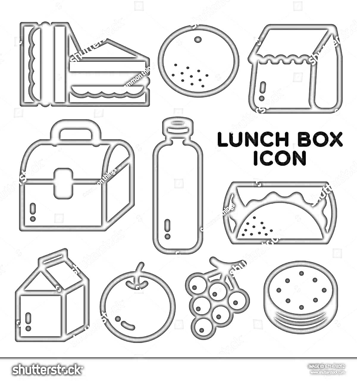 Раскраска ланч бокс, бутерброды, печенье, бумажный пакет, коробка для еды, бутылка, тако, молочный пакет, яблоко, гроздь винограда