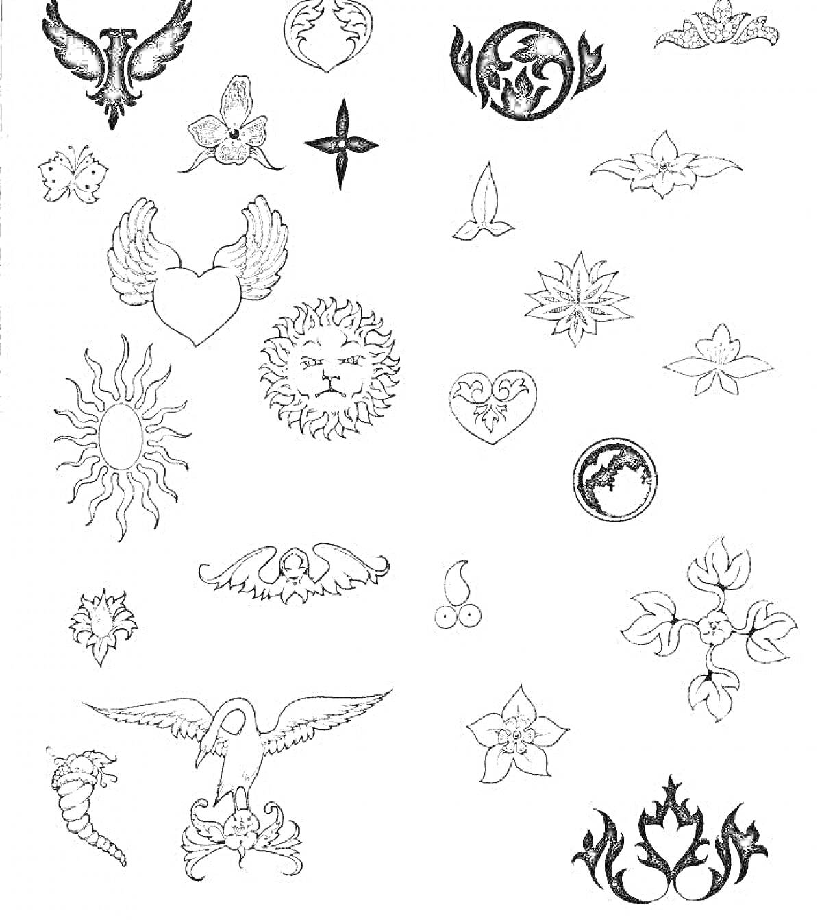 На раскраске изображено: Татуировки, Птица, Крылья, Цветы, Орнамент, Символы, Солнце, Лоза, Звезды, Сердца