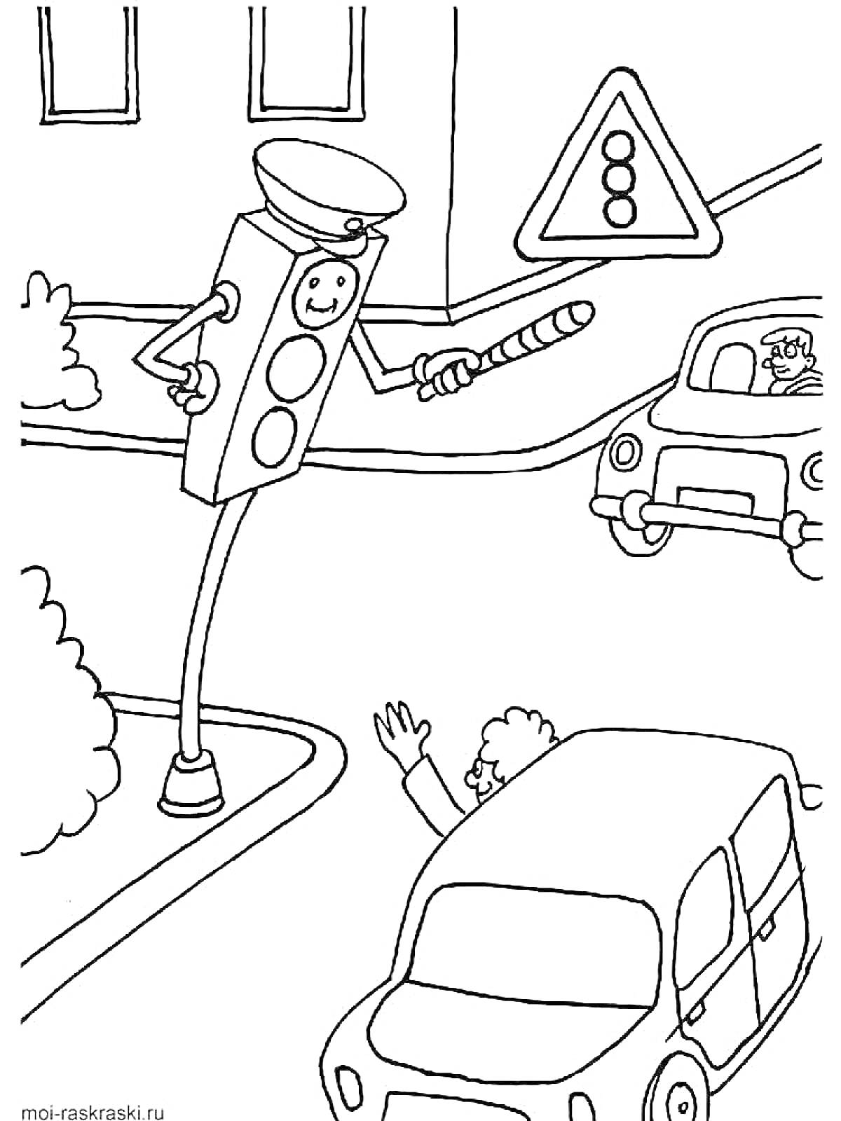 Светофор-полицейский регулирует движение рядом с дорожным знаком и машинами