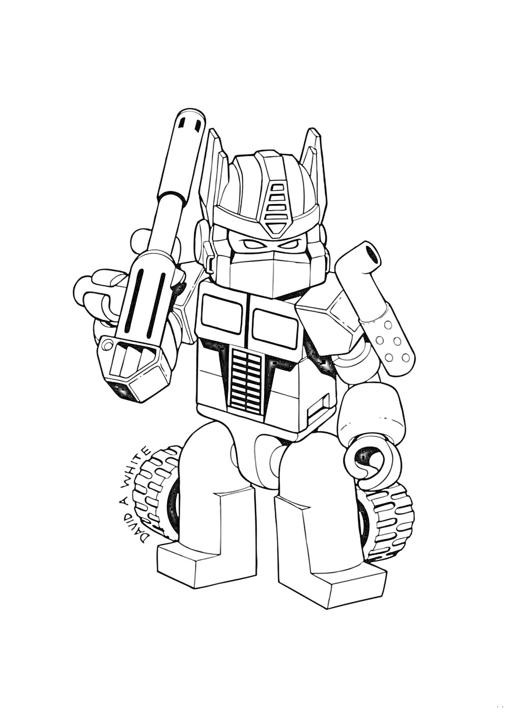 Раскраска Робот-игрушка с пушкой в руках и колесами на плечах