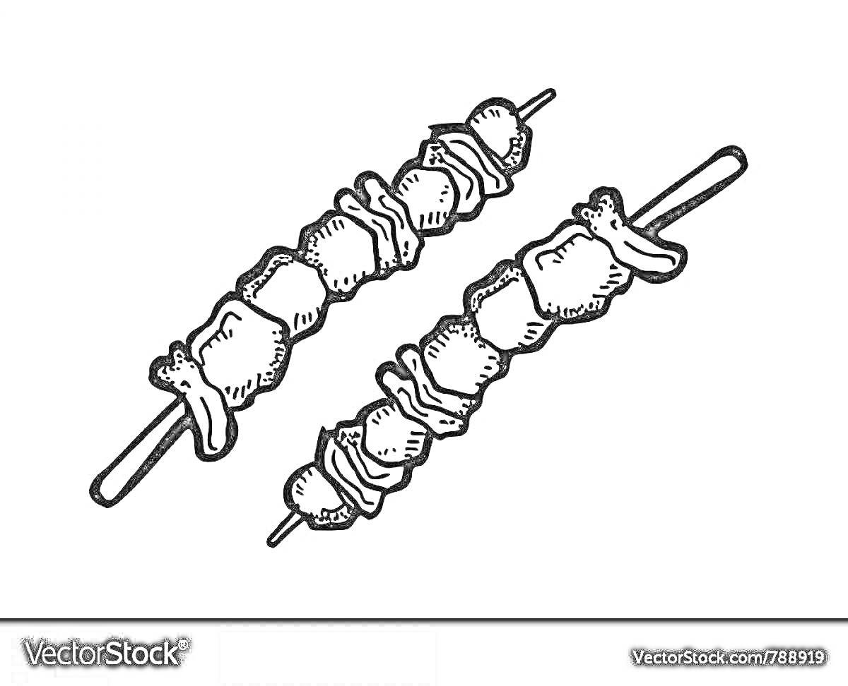 Раскраска Шашлык на шпажках с кусочками мяса и овощей