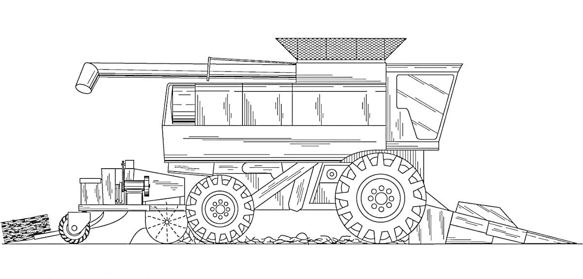 На раскраске изображено: Комбайн, Сельскохозяйственная техника, Большие колеса, Сельское хозяйство