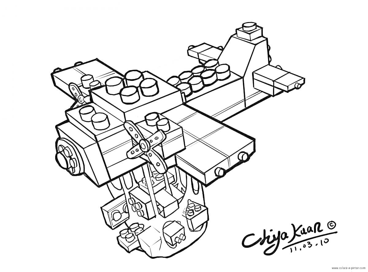 Раскраска Лего самолет с пропеллером и опорами на земле