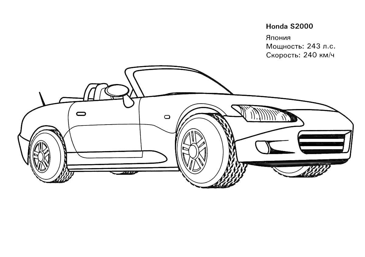 Раскраска Honda S2000, автомобиль, кабриолет, Япония, мощность: 243 л.с., скорость: 240 км/ч