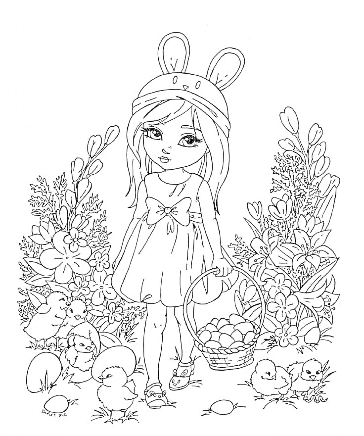 На раскраске изображено: Девочка, Корзина, Яйца, Цветы, Цыплята, Весна, Кусты, Трава
