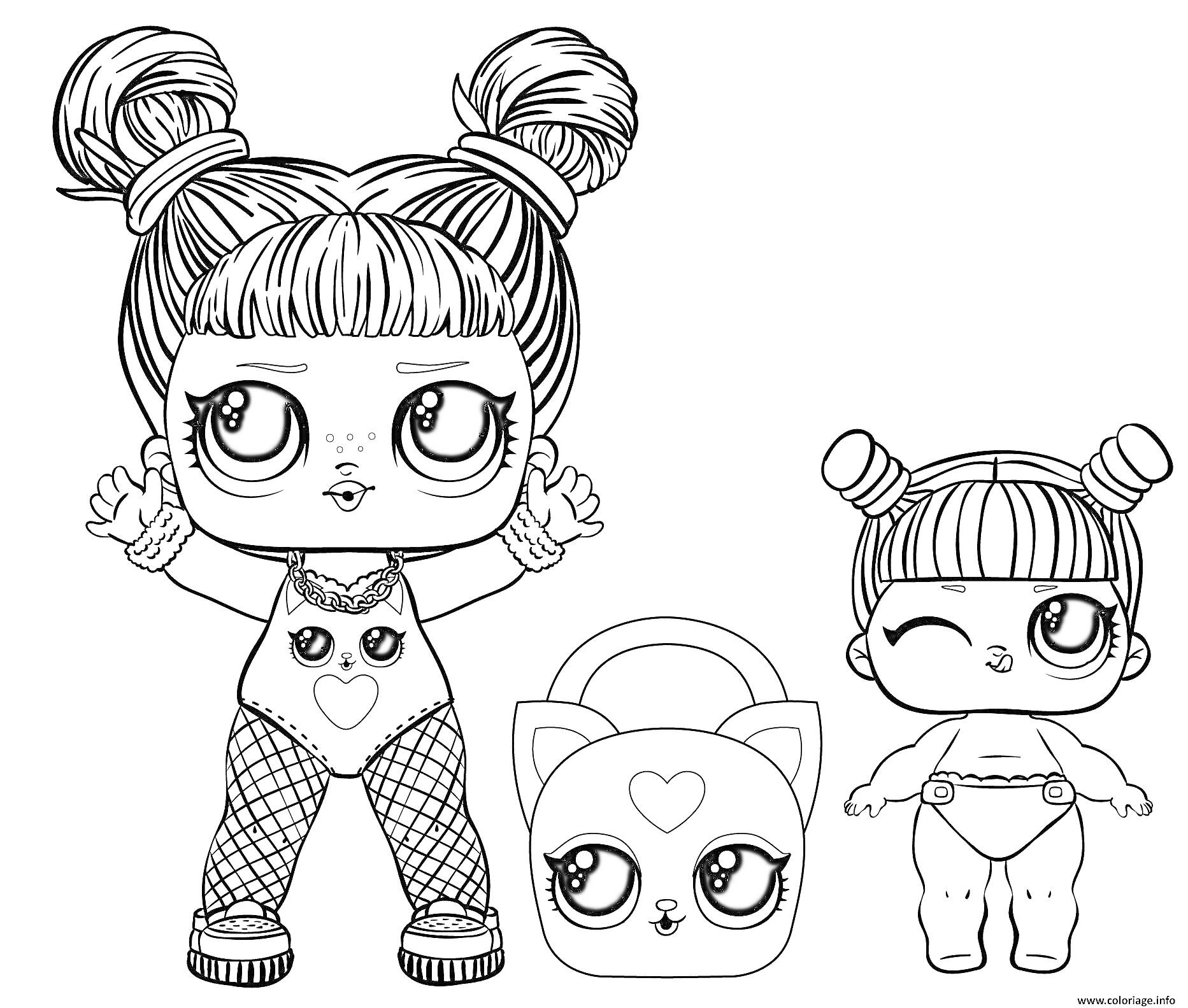 Раскраска две куклы ЛОЛ с большими глазами, маленькой сумочкой и забавными прическами