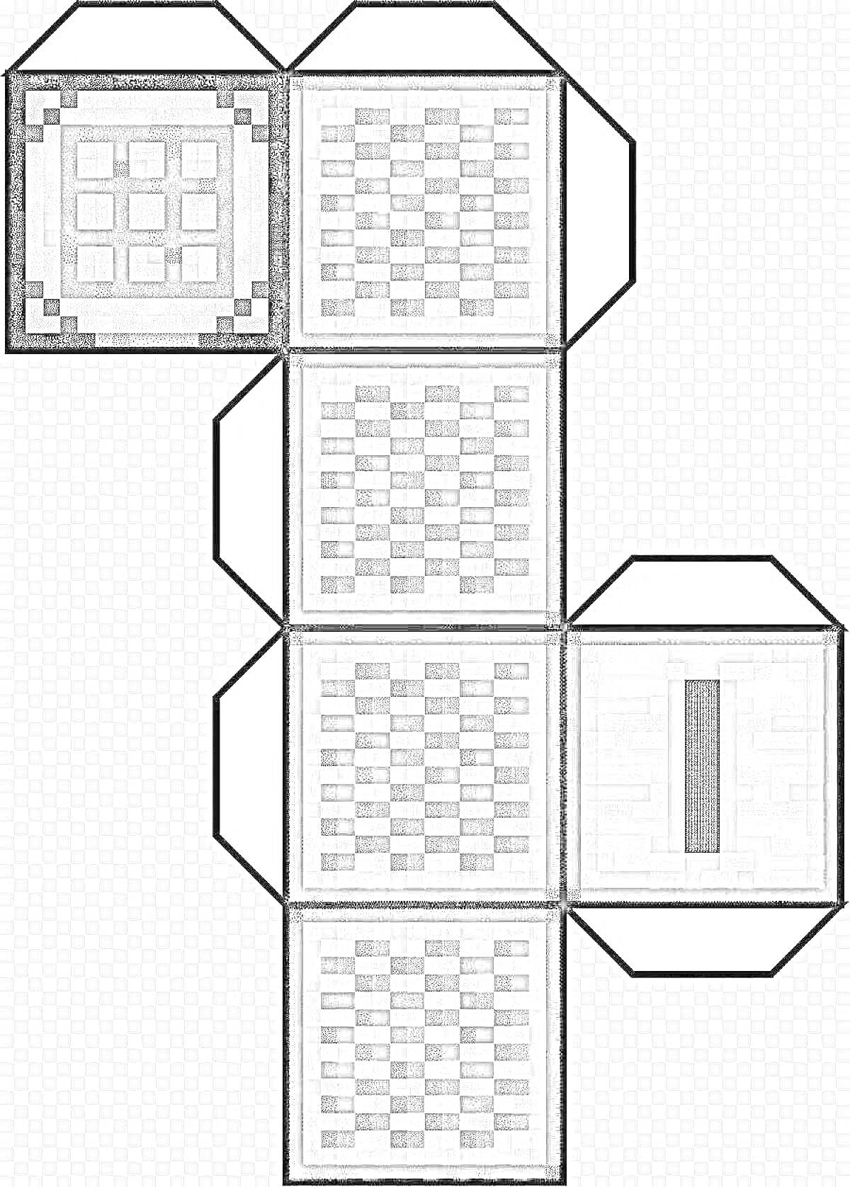Раскраска Развертка верстака из Minecraft, куб с текстурами столешницы (сетка 3х3), боковых сторон и нижней части, вкладки для склеивания