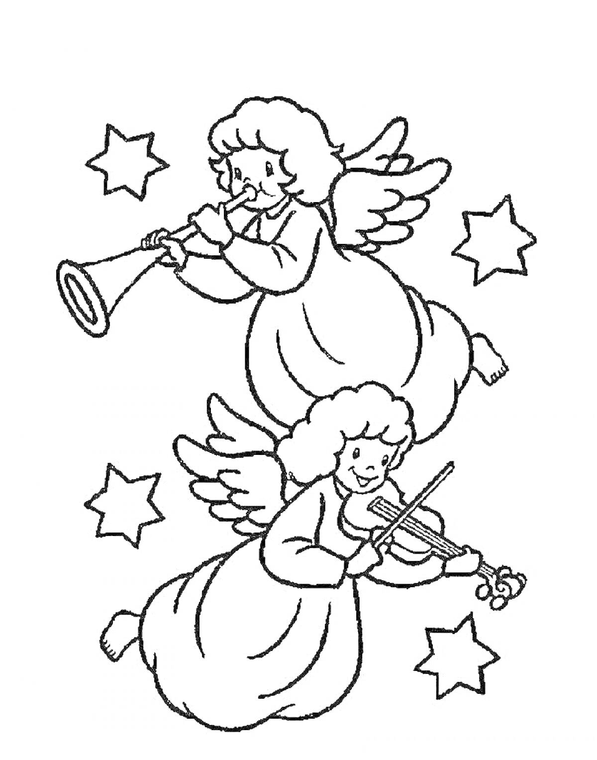На раскраске изображено: Ангел, Рождество, Музыкальные инструменты, Труба, Скрипка, Звезды, Доброта