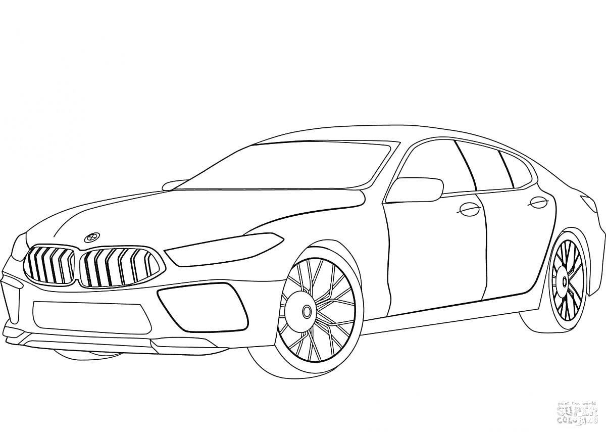 Раскраска BMW i8, вид сбоку с четырьмя дверями, характерная решетка радиатора, передний и задний бамперы, диски колес с узким рисунком, передние и задние фары.